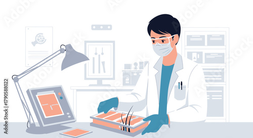Illustration of a Scientist in a Laboratory Setting Conducting Hair Growth Research