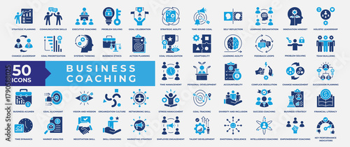Business coaching icon set, containing communication, skills, executive, solution, training, mentoring, problem solving, adaptability, business acumen and strategy. Simple Flat Vector Illustration.