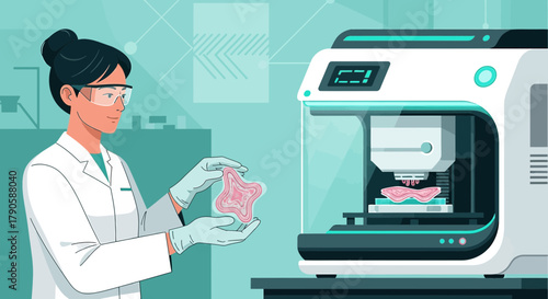 Illustration of a scientist holding a 3D printed organ with a 3D printer in the background in a