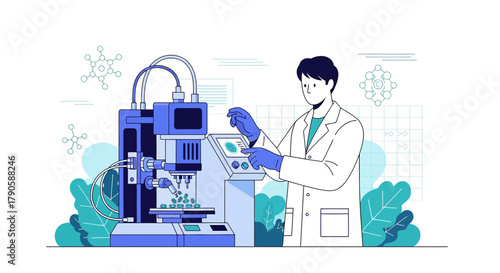 Illustration of a scientist operating sophisticated laboratory equipment for research