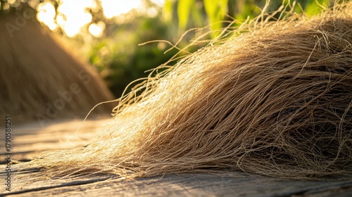 Pile of Raw Hemp Fiber on a Wooden Surface