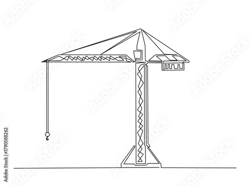 Continuous line art drawing of Tower Crane for building construction. Construction crane in single outline illustration.