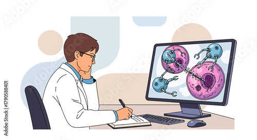 Illustration of a scientist studying nanobots interacting with cells on a computer screen
