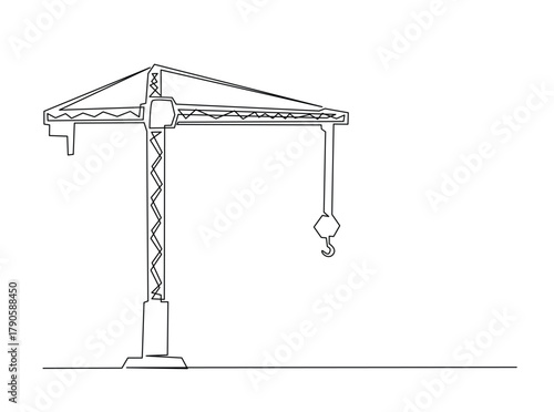 Continuous line art drawing of Tower Crane for building construction. Construction crane in single outline illustration.