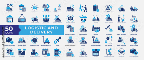 Logistics and Delivery icon set. Containing supply chain, Logistic, inventory, distribution, route planning, transportation, delivery, planning and management. Simple Flat Vector Illustration.