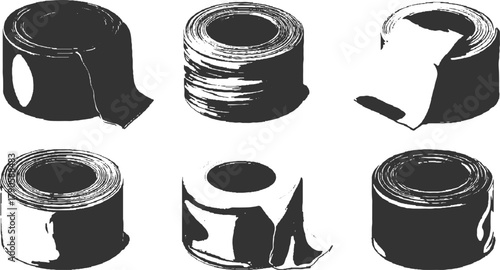 Six dark gray rolls of tape with torn edges on white background adhesive material