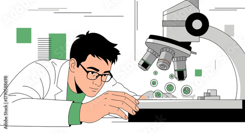 Illustration of a scientist working in a laboratory analyzing cells under a microscope in a