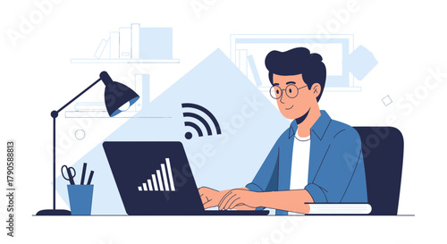 Illustration of a smiling man working from home on a laptop with a strong wifi signal