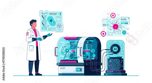 Illustration of a scientist working with advanced technology and dna research in a laboratory