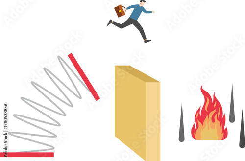 Spiral springs help business men jump over obstacles and fall onto spikes

