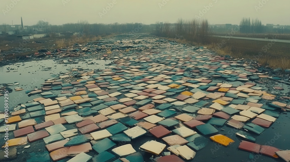 Fototapeta premium Scattered Colorful Roof Tile Debris Spreading Across a Landscape