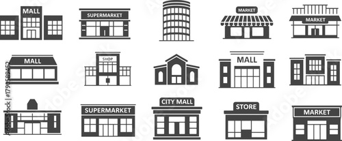 Black and white commercial building icons including mall, supermarket, shop, market, store, city mall in minimalist vector style