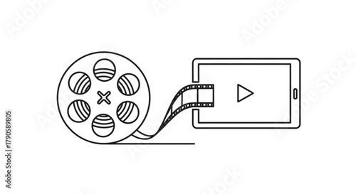 A minimalist line art illustration of a film reel connected to a tablet, , representing digital cinema