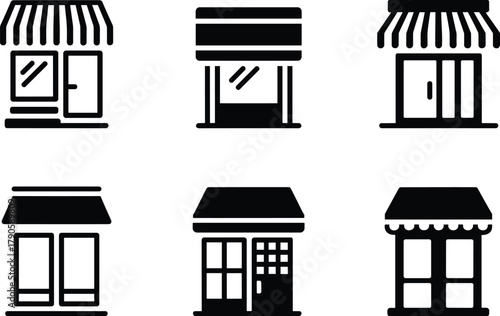Black and white storefront icon set featuring various shop facades, awnings, doors, windows, and minimal commercial architecture styles