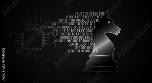 Chess knight figure with binary code and microchip artificial intelligence, machine learning, big data, digital strategy, cybersecurity concept