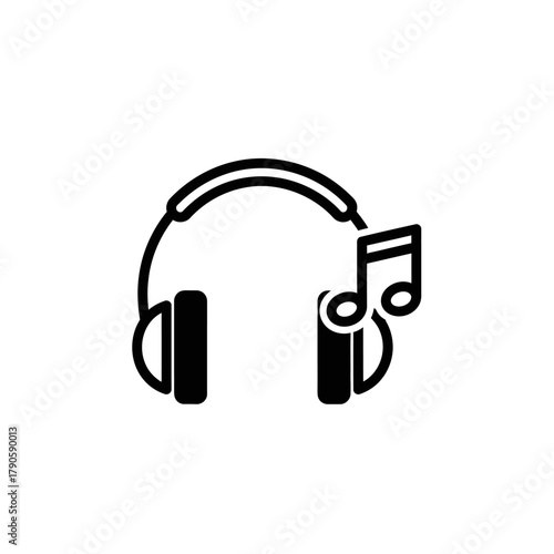 Black Headphones with Musical Note Icon, Audio Equipment, Listening Device.