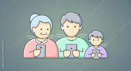Grandmother, father and son are using smartphones family members are addicted to gadgets digital device addiction concept