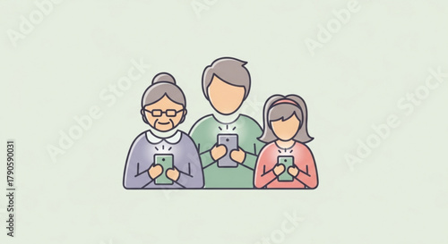Family using smartphone grandmother, father and daughter using mobile phone social media addiction concept