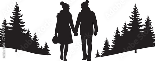 Couple holding hands, walking through a winter forest, romantic silhouette with pine trees. isolated on transparent background