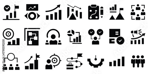 Business and Core Values Icon Set – Teamwork, Innovation, Strategy, Management, and Technology Vector Collection