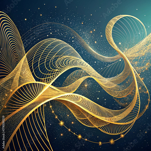 Abstract golden lines and dots on a dark blue background creating a wavy and elegant design pattern art