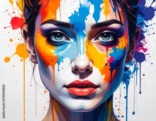Abstract watercolor portrait of a human face in vibrant colorful splashes