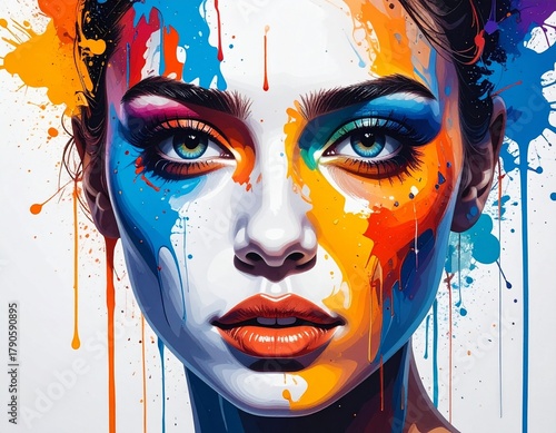 Abstract watercolor portrait of a human face in vibrant colorful splashes