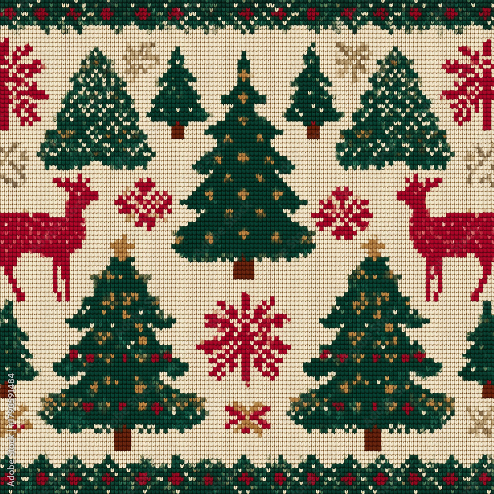 Knitted Christmas pattern with trees and reindeer