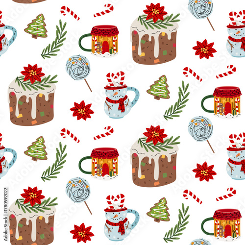 Seamless Christmas pattern featuring Christmas mugs with hot drinks in the shape of snowman, house, sweets, pie, gingerbread cookies, flowers, green branches. texture for textiles, packaging, seasonal