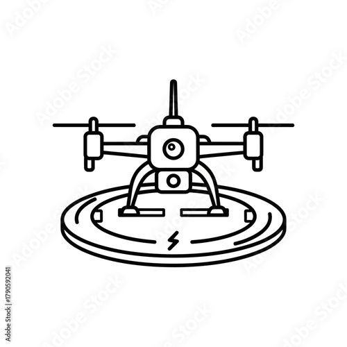 Detailed Line Art Illustration of a Quadcopter Drone on a Charging Pad.