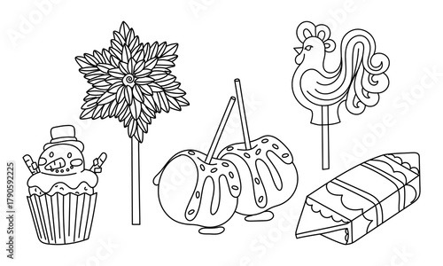 A set of Christmas and winter sweets doodle. Holiday treats such as a snowman cupcake, lollipops, wrapped candies, and handmade marshmallows for coloring and creating festive designs.