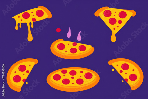 Hot pizza drawing. Cheesy, illustration food, appetizing.