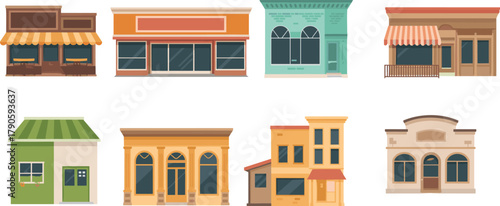 Cartoon storefront collection with diverse architecture, colorful facades, small business exteriors, urban retail buildings, and playful commercial design