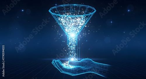 Illustration of abstract digital funnel filtering data from a hand into a futuristic network, representing data processing and analysis in technology