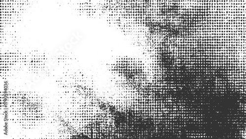 Black and white halftone dot pattern texture with scattered speckles abstract background