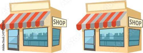 Cartoon storefront pair with striped awnings, glass windows, cityscape reflection, signage area, and urban shop design illustration