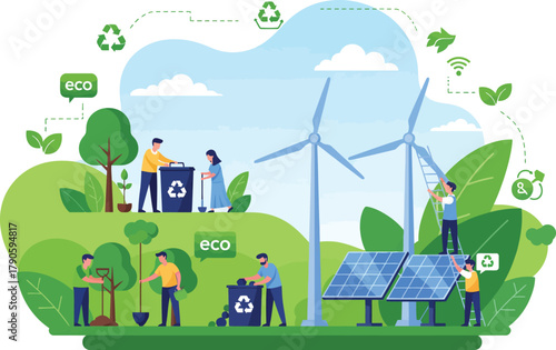 Flat eco vector illustration of people managing solar and wind energy systems