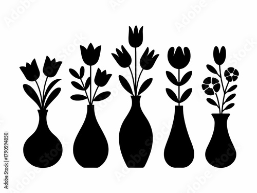 Elegant Black Silhouette of Flowers in Vases Decorative Floral Arrangement Minimalist Design Artwork Illustration Isolated on White Background