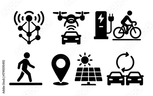 Innovative technology and sustainable mobility icons in silhouette style