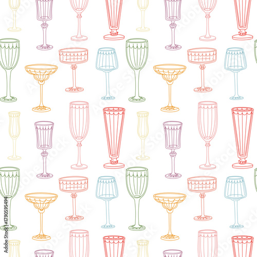 Contour pattern of colorful, diverse glasses for alcoholic beverages. Glasses for cocktails, wine, martinis, and champagne. Seamless texture for party invitations, bar menus, elegant event decorations