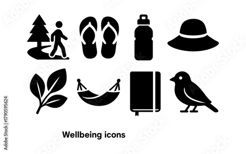 Wellbeing lifestyle icons: outdoor, nature, and relaxation symbols in black silhouette style