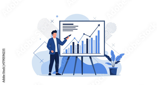 Business Presentation: A man presents a chart, conveying growth and financial analysis, offering