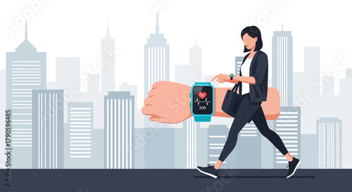 Businesswoman monitoring her heart rate with a smartwatch during a brisk walk in urban city