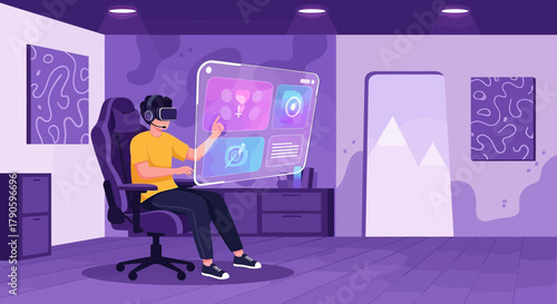 Cartoon illustration of a man using virtual reality interface technology at home in a relaxing