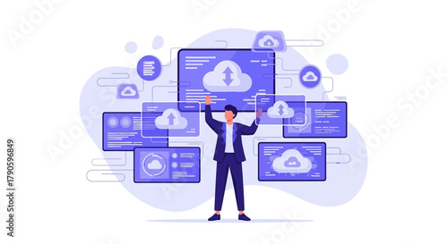 Cloud computing management represented in a modern and minimal style illustration concept
