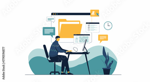 Conceptual illustration of a man working remotely using computer and online resources to manage