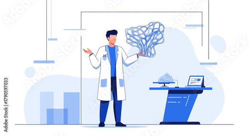 Conceptual illustration of a scientist researching innovative brain technology in a lab environment