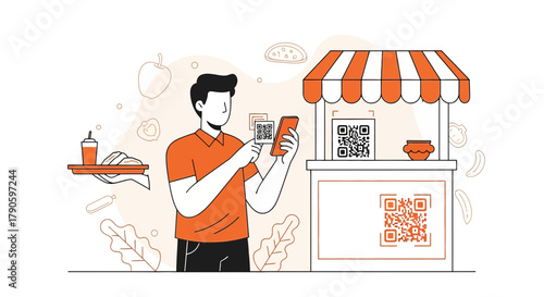 Contactless food ordering and payment via QR code using smartphone technology concept