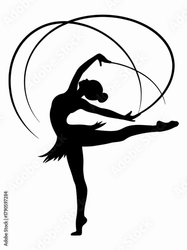 Elegant Rhythmic Gymnastics Silhouette Performing with Ribbon Graceful Artistic Sport and Dance Illustration on White Background