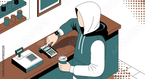 Convenient Contactless Payment with Smartwatch at Coffee Shop Counter Illustration